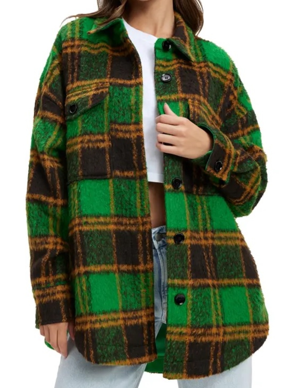 Good American Plaid Shacket in Summer Green/Black Stripe - Size S/M